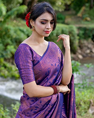 Image of SGF11 Women's Kanjivaram Soft Lichi Silk Saree With Blouse Piece (Purple)