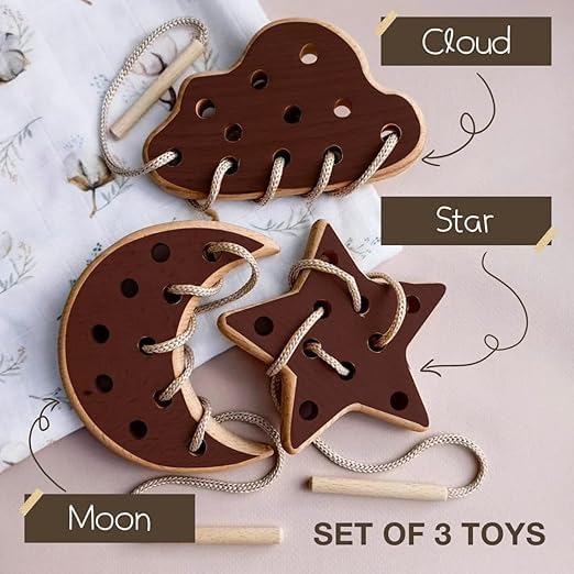 ANAIZA Wooden Lacing Toy for 2 Years Todller Skills Development Toy for Toddlers Montessori Materials for Learning Sewing Kit for Kids Montessori Toys (Brown, Star)