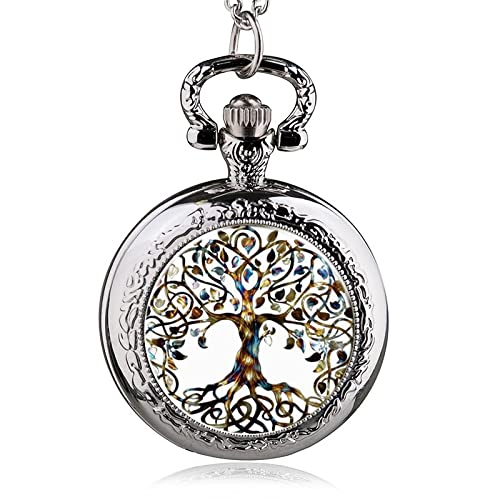WRVCSS Argent Acier Inoxydable Arbre de Vie chaîne Montre de Poche Collier Dames Pendentif chaîne