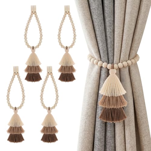 4Pcs Magnetic Curtain Tiebacks with Wood Beads and Triple Tassel,Beige by HOJLKLD - Used condition - US$14.19