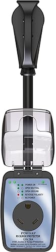 POWSAF Protector contra sobretensiones de 30 amperios con cubierta impermeable, protector de voltaje de RV con protección contra sobretensiones