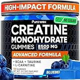 PURA WEX NUTRITION Creatine Monohydrate Gummies 8500mg Complex for Men & Women - Pre Workout Creatine Chews for Muscle Growth, Strength & Energy, Sugar Free, Vegan, Blueberry Flavor - 120 Count