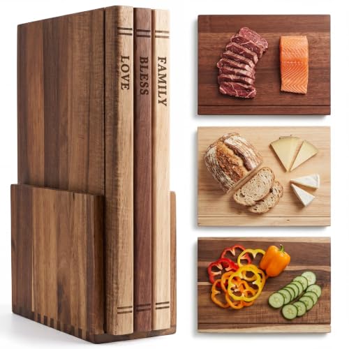 Set de 3 Tablas de Cortar en Forma de Libro Acellegic de Madera Acacia con Soporte, 13"x9.5" miniatura 1