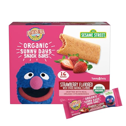 Earth's Best Organic Kids Snacks, Sesame Street Toddler Snacks, Organic Sunny Days Snack Bars for Toddlers 2 Years and Older, Strawberry with Other Natural Flavors, 16 Bars Per Box