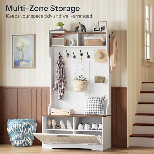 HOOBRO-Hall-Tree-with-Bench-157W-Entryway-Bench-with-Coat-Rack-Shoe-Cabinet-with-Flip-Drawer-LED-Hall-Tree-with-9-Hooks-and-2-Open-Compartments-Wooden-for-Hallway-White-and-Walnut-WH86DMT01