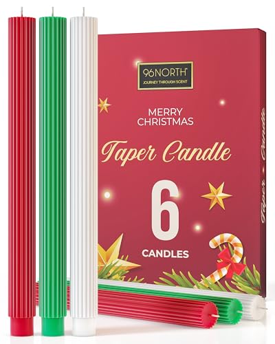 96NORTH Velas de Navidad de 12 pulgadas, juego de 6 velas cónicas sin goteo, velas cónicas sin perfume, hasta 22 horas de combustión, velas de Navidad verdes, blancas y rojas