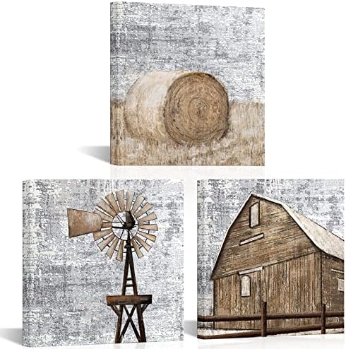 AtGoWac Rustic Windmill Painting Canvas Wall Art Farmhouse Wall Decor Country Landscape Painting Framed for Dining Room Kitchen Decor 12"x12"x3 Pieces