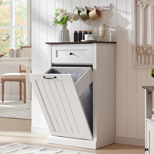 Image of IFGET Tilt Out Trash Can Cabinet, Trash Cabinet w /Drawer, Antique White
