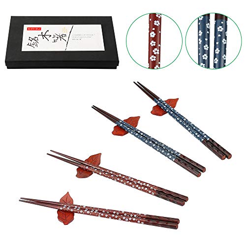 Ideashop Natural Wooden Chopsticks with Chopstick Rest Set, Reusable Japanese Style Chopsticks, 4 Pairs Cherry Blossom Pattern Wood Chopsticks Set, 23cm/9in Long, for Sushi, Ramen, Noodles, Rice
