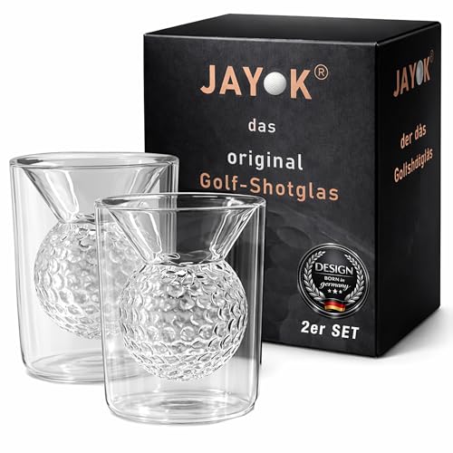 JAY K Golf Shotglas 5cl 3D Golfball Design im Glas Doppelwandiges Schnapsglas premium Geschenk für Golfer Männer Frauen & Golf-Fans Golfshots Geschenkidee Zubehör 2 Stück