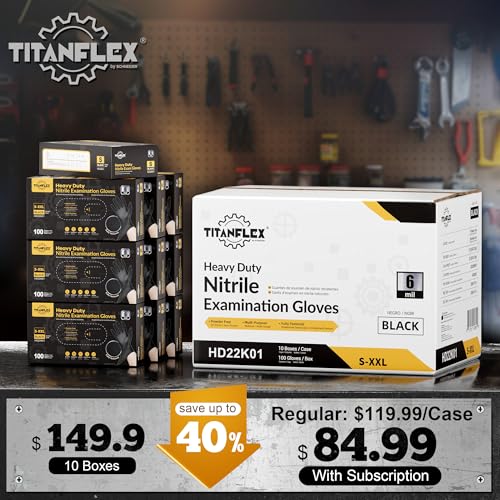 Image of TitanFlex Heavy Duty Black Nitrile Gloves, 6 Mil, Fully Textured, Mechanic Disposable Gloves, Latex Free, Powder Free