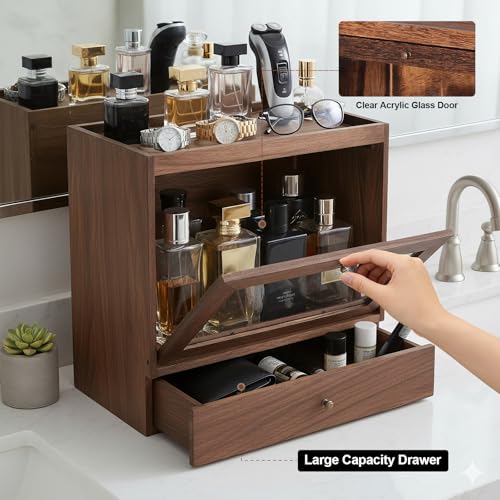 Image of Cologne Organizer for Men,Perfume Stand Holder,Cologne Shelf, Solid Wood Cologne Stand with Drawer Storage and Clear Window,Organizador de Perfumes,Perfume Stand Organizer,Brown