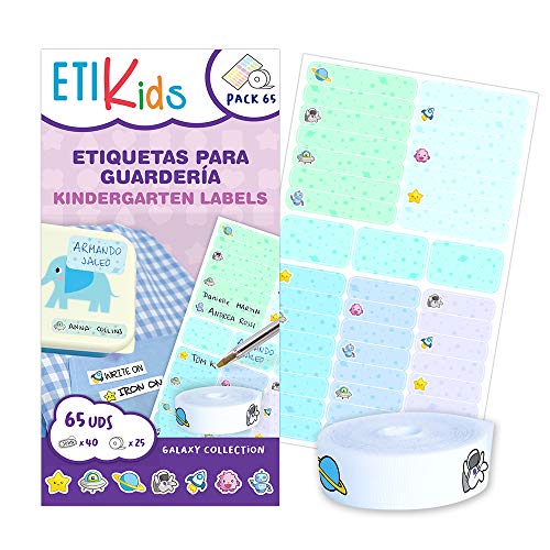 ETIKIDS PACK FUNNY: 40 Etiquetas Adhesivas + 25 Etiquetas de Tela Termoadhesivas (Galaxia)