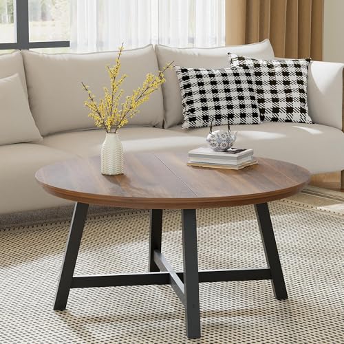 IDEALHOUSE Round Coffee Table 36”, Wood Circle Center Tables for Living Room, Industrial Grain Coffee Tables with Thickened Metal Legs & Adjustable Feet, Sturdy Farmhouse Living Table Easy Assembly