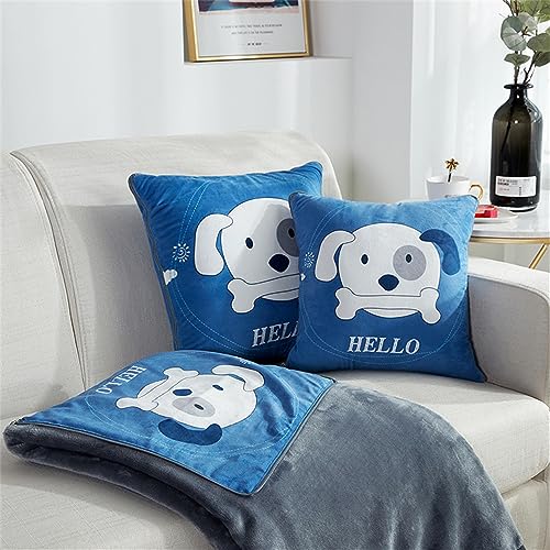 Surwin Coperta di Flanella Coperta da Viaggio e Cuscino 2 in 1, Morbido e Caldo Coperta Plaid Cuscino Reversibile in Peluche per Viaggi con Aereo, Treno o Auto, Campeggio (Cucciolo Blu,120x155cm)