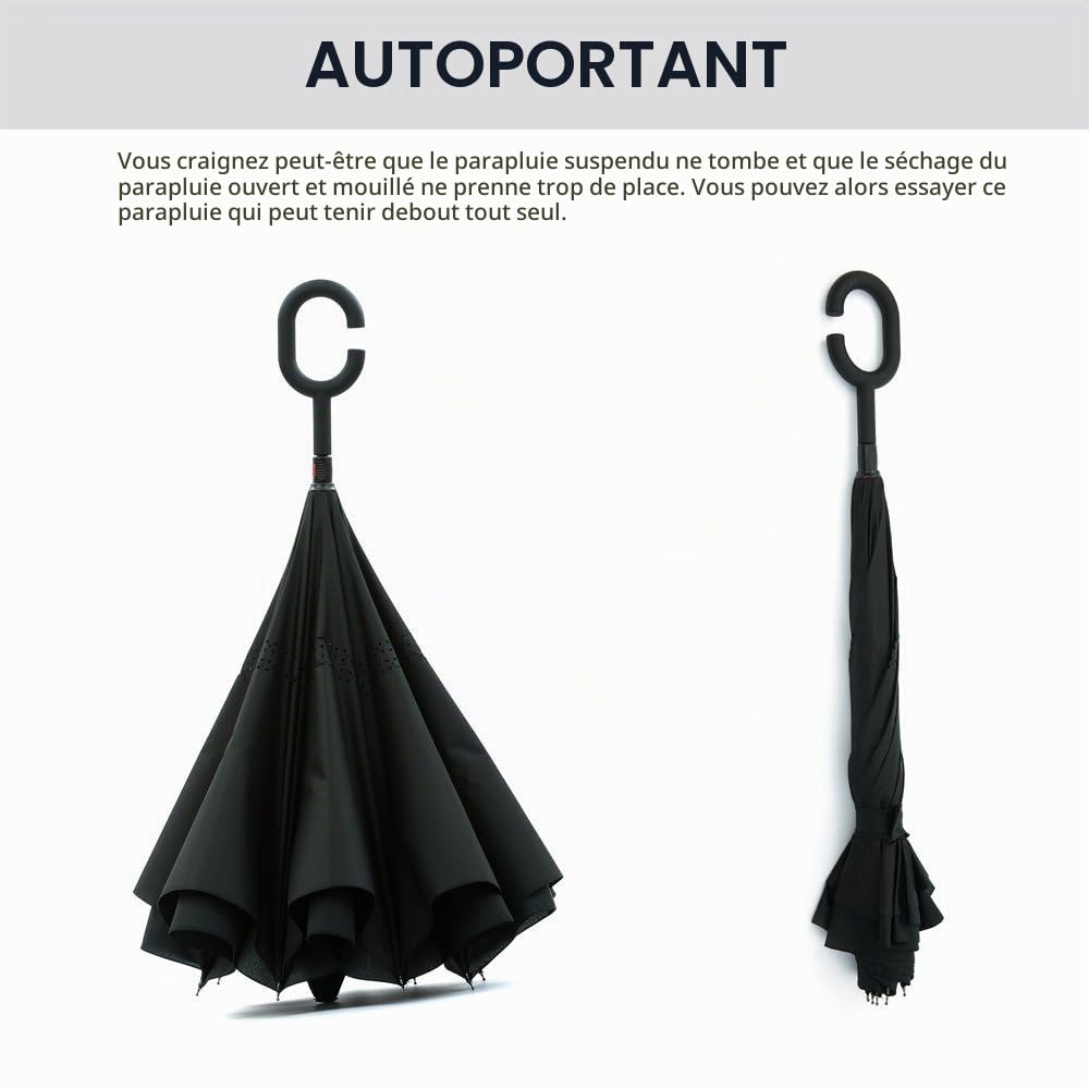 Parapluie Inversé, Anti-UV Double Couche Coupe-Vent Parapluie, Mains Libres poignée en Forme C Parapluie