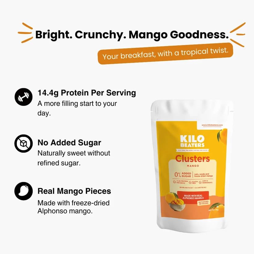 Image of Kilobeaters Mango Breakfast Clusters with Real Freeze-Dried Alphonso Mango | High Protein Granola | No Added Sugar | Gluten Free | Healthy Cereal for Breakfast & Snacking 400g