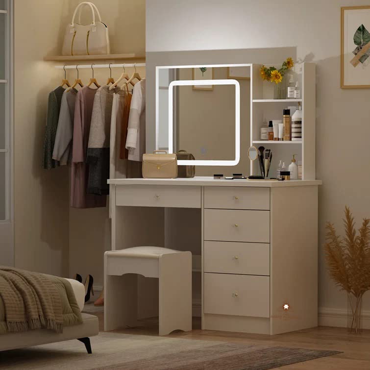 ABBAJI INTERIORS Engineered Wood Dressing Table/Mirror with Drawer for Bedroom, Storage Shelves (White)- with Elegant Frame- Length 42inch,Width 18inch,Height 60inch-image-47