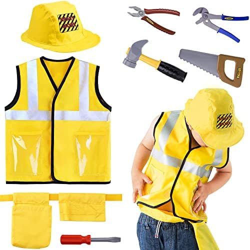 iPlay, iLearn Construction Worker Costumes for Boys, Toddler Dress Up Clothes, Kid Builder Career Outfit, Tool Belt Vest Hat, Pretend Role Play Toy Set, Halloween Birthday Gift 3 4 5 6 Years Old Child