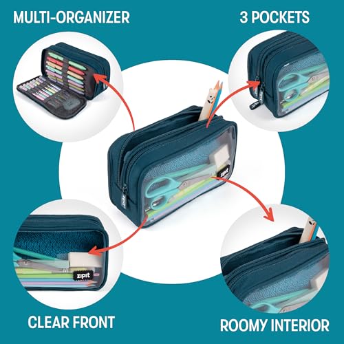 Image of ZIPIT Half & Half Pencil Case, 3 Compartment Zipper Pouch for School, Stationery Bag for Teen Girls Boys and Adults, Teal