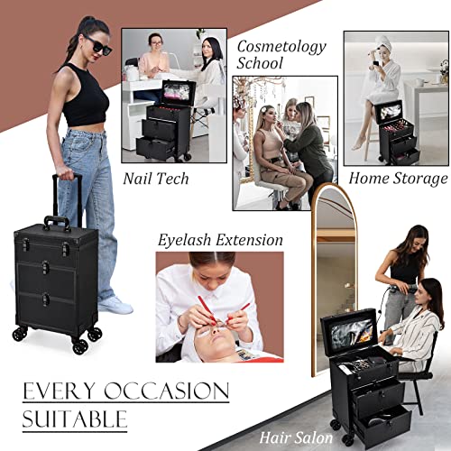 Professional Rolling Makeup Case Cosmetology Case On Wheels 2 Large Drawer Nail Case Trolley Traveling Cosmetic Train Case With Makeup Pouch For Artists Nail Technician Salon Cart Trunk Black Leather #TOP2