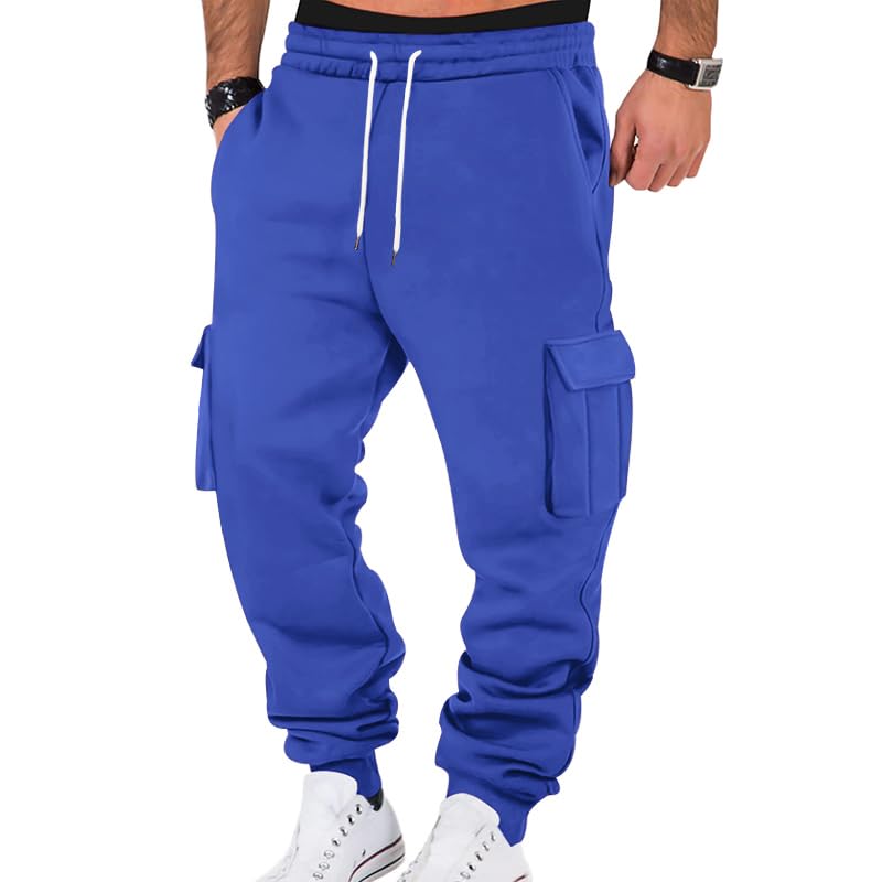 Men Autumn Winter Heavyweight Fleece Work Pants Solid Color Elastic Waist Drawstring Sweatpants with Pockets