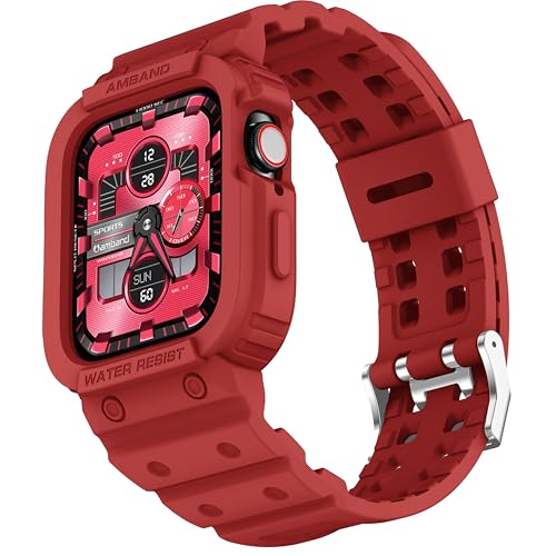 Image of amBand Compatible for Apple Watch Band 45mm 44mm 42mm with Bumper Case, Clear Cute Women Strap for iWatch SE 3 SE 2nd SE Series 9 8 7 6 5 4 3 2, Sport Jelly Protective Cases Protector, Mars Red