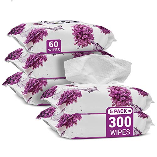 Herb & Luxe Face Wipes, Makeup Remover Facial Cleansing Wipes for Sensitive Skin, 60 Counts, Lavender (Pack of 5 = 300 Wipes)
