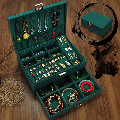 Mixen Dark Green Jewelry Box Multilayer Large Leather Lockable Removable Bottom Layer Jewelry Organizer Display with Mini Portable Travel Case for Rings Earrings Necklaces Bracelets