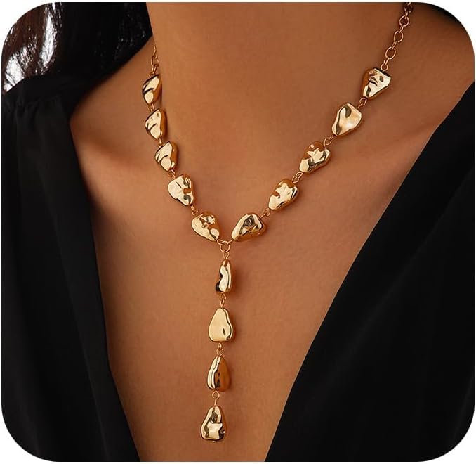 Baroque Gold Geometric Teardrop Lariat Necklace for Women Vintage Irregular Waterdrop Statement Y Necklaces Silver Fashion Costume Toggle Jewelry Gifts