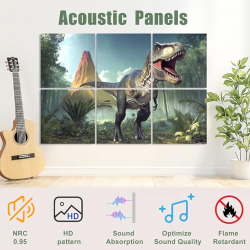6 Pack Paneles Acústicos Decorativos Dinosaurio Selva Verde Jungla T-Rex Volcán 72"x48" Paneles Absorbentes de Sonido Autoadhesivos para Estudios de Grabación y Oficina miniatura 3