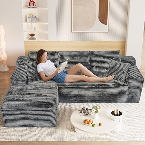 Image of 108 inch Boneless Cloud Sectional Couches for Living Room, Comfy Fluffy L Shaped Memory Foam Deep Seat Boneless Couch, Modular Sectional Sofa with Left Facing Chaise, Grey