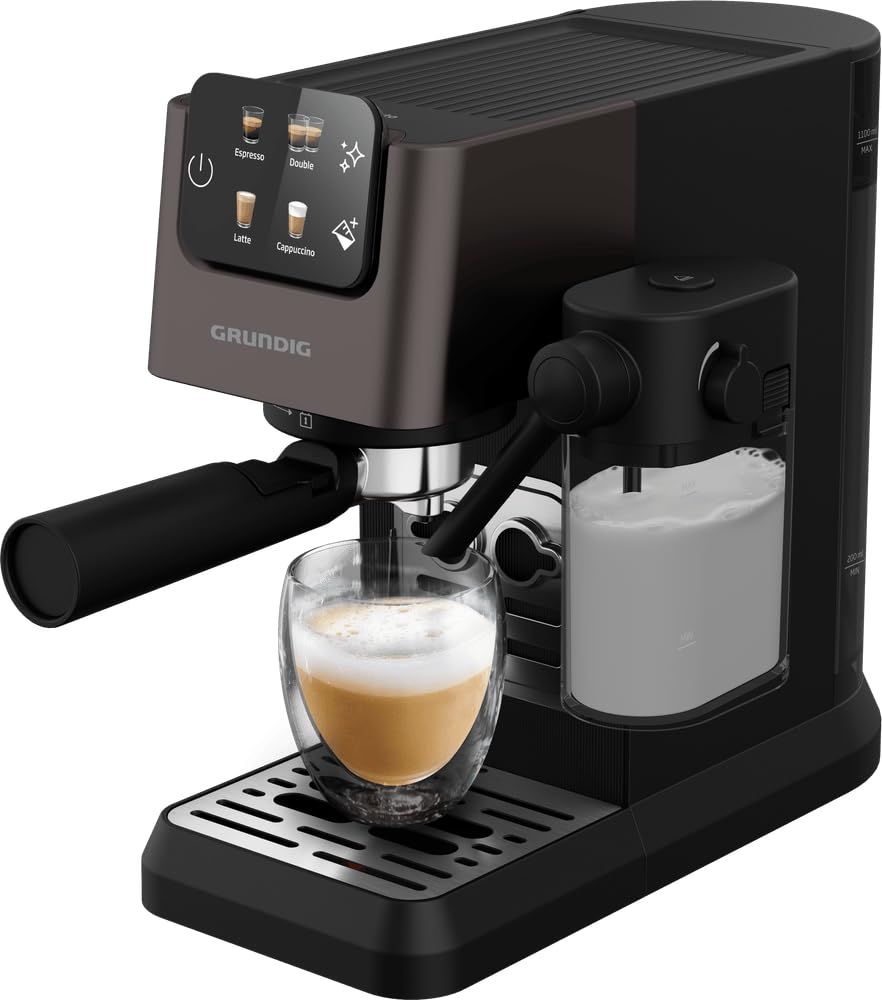 GRUNDIG KSM 5330 Cafetera con depósito de leche integrado, potencia 1628 W, presión de bomba 15 bar, doble boquilla, pantalla táctil colorida, BrewSense, CreamyPro, Dark Inox/Negro
