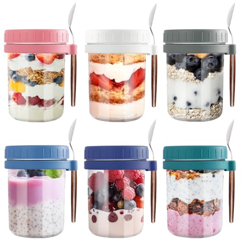 Aevcvok 6 Overnight Oats Jar, 400ml Pot Overnight Oat Verre, Bocal en Verre avec Couvercle et...
