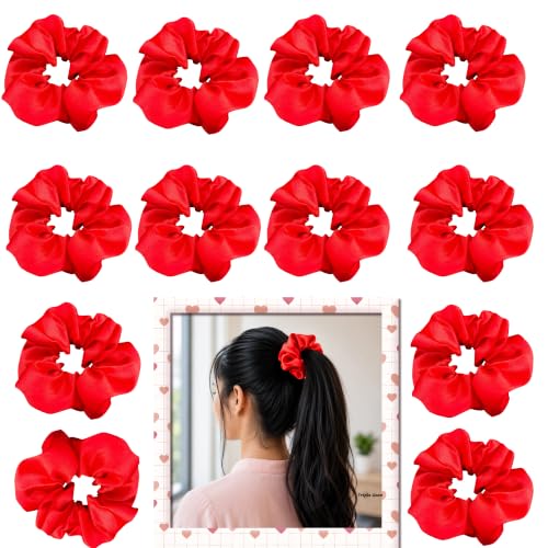 Image of Satin Scrunchies Hair Bands for Women Pack of 12 (Red)