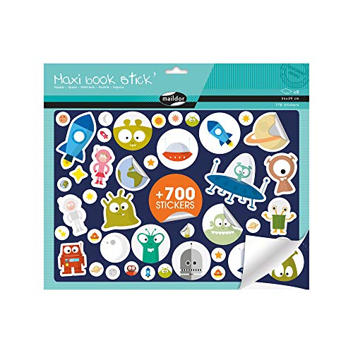 Maildor - Ref AE174C - Decorative Sticker Book (8 Boards) - Astronauts, Space & Alien Designs - 34 x 29cm, Multiple Sizes of Stickers, 778 Stickers Included