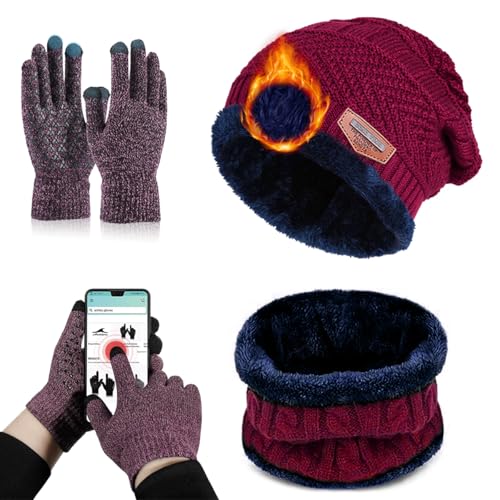 Consejos para Comprar Gorras de Moda los mejores 10. 38 DEESTE Kit de Gorro, Bufanda y Guantes para Frio, Gorros Invierno, Bufanda Suave, Guantes touch, 3 Piezas de Ropa Cálida de Termicos, para Hombre y Mujer (Rojo)