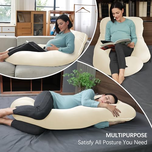 Image of MOON PARK Pregnancy Pillows for Sleeping - U Shaped Full Body Maternity Pillow with Removable Cover - Support for Back, Legs, Belly, HIPS - 65 Inch - Ivory - Cooling Cover