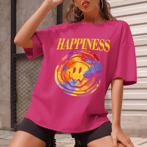 Smile Face Preppy Graphic Tees for Teen Girls Gym Baggy Cute Oversized T Shirts Slogan Aesthetic Tops for Women4