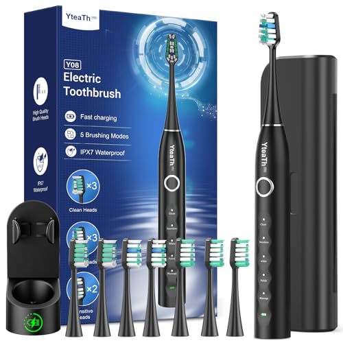 Sonic Electric Toothbrush for Adults and Kids - Sonic Toothbrush with 8 Toothbrush Heads (3 Types) and 5 Modes 120 Days Battery Life 50000 VPM Travel Case and Wall Holder 2 Minute Timer
