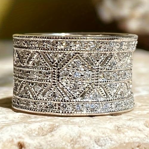 White Gold Plated Cubic Zirconia Stylish Wide Statement Ring Personalized Accessory Ideal for Women's Daily Casual Wear Party Holiday Anniversary Love Jewelry Gift