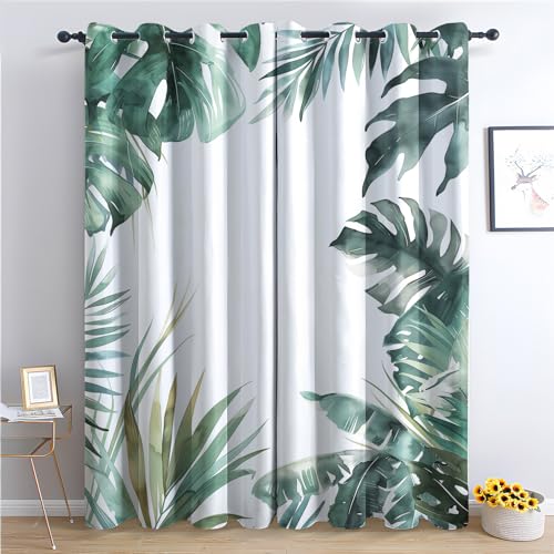 Rideau Occultant Feuilles Tropicales - Rideau Thermique Motif Feuilles Vertes, Rideaux Chambre Salon Fenetre, Lot de 2 Rideaux et Draperies Intérieurs à...