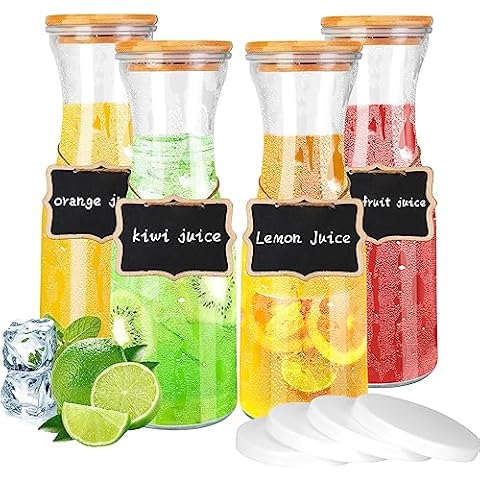 Carafes for Mimosa Bar Supplies, 34oz Glass Carafe Pitchers Beverage Dispensers with Bamboo Lids and Tags, Clear Juice Carafe for Mimosa Bar, Wine, Iced Tea, Milk, Lemonade (4 Packs) Cover