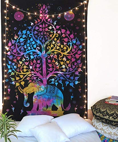 AVA Collections Elephant Tapestry with Tree of Life Wall Hanging Tapestry Tie Dye Cotton Coloured print Sheet Home Decor for Bedroom and Living Room(85 x 54 inches, Tree of Life-Elephant)