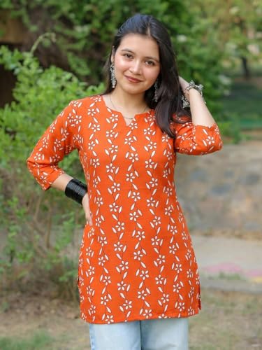 Image of Pinkmint Women's Printed Cotton Blend Short Kurti l All Over Printed V-Cut Neckline Casual Wear Tunic Top's l Ethnic Top's for Girls