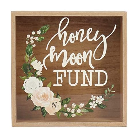 Hanna Roberts Honey Moon Fund and Card Rustic Wood Box with Mixed Floral Garland Design for Weddings, Birthdays, Graduations, Baby and Bridal Showers, 9.5" x 3" x 9.5", Honey Moon Fund Cover