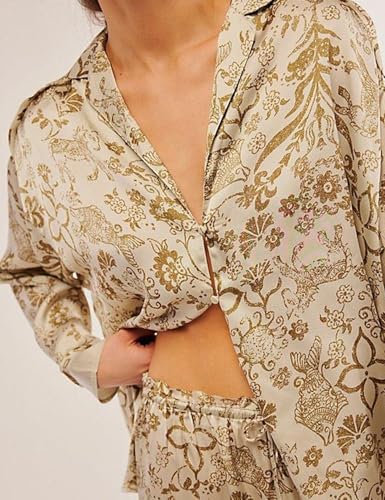 Image of Yimoon Satin Pajama Set for Women Silk Pajamas Set 2 Piece Floral Cute Pj Set Long Sleeve Pjs Sleepwear
