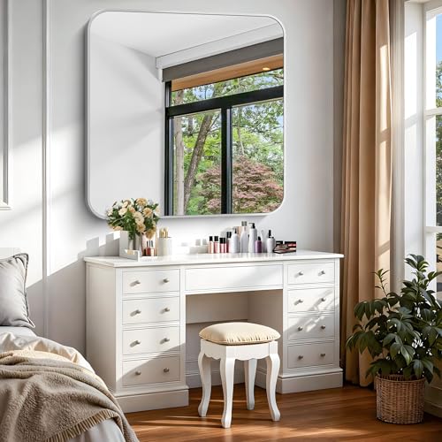 Image of Silver Bathroom Mirror, 36 x 36 Inch Square Mirrors for Wall, Aluminum Metal Framed Vanity Mirror, Rounded Corner Wall Mounted Mirror for Over Sinks Living Room Bedroom Entryway