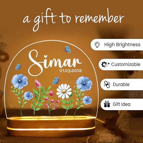 Image of PRINTHUA Plastic Personalized LED Night Table Lamp with Custom Name,Unique Gift for Women,Men,Kids,Girlfriend,Boyfriend,Husband,Wife|Birthdays,& Special Occasions (Cute Flowers),Multicolour