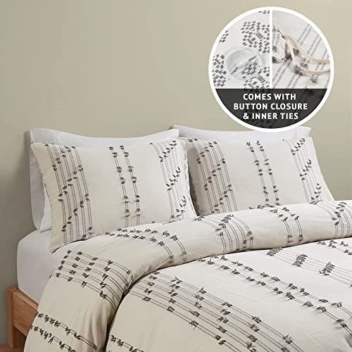 Image of INK+IVY Cotton Duvet Cover Queen Size - 100% Cotton Duvet Cover Set, Boho Bedding Set for All Seasons Farmhouse Bedding Duvet & Sets with 2 Pillowcase, Jacquard Stripes, Ivory 3 Piece Full /Queen